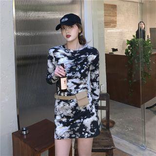 Round-neck Tie-dye Skinny Mini Dress Black - One Size