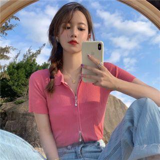 Short-sleeve Zip-up Plain Crop Top