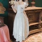 Short-sleeve Square-neck Lace Embroidered Midi Dress