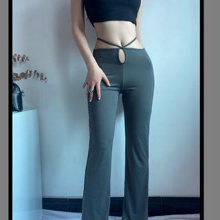 High-waist Plain Cross-strap  Straight Cut Pants