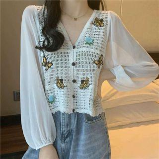 Butterfly Embroidered Panel Cropped Blouse