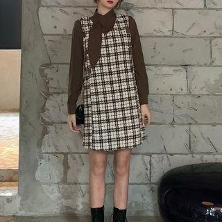 Set: Long Sleeve Tie Blouse + Plaid A-line Pinafore Dress