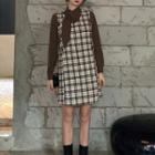 Set: Long Sleeve Tie Blouse + Plaid A-line Pinafore Dress
