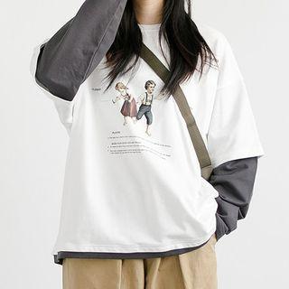 Mock Two Piece Cartoon Print Long Sleeve Top