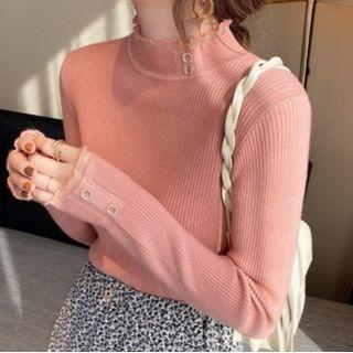Long-sleeve Semi Turtleneck Lace Trim Slim Fit Knit Top