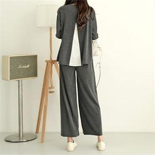 Set: Contrast-trim A-line Top + Band-waist Wide-leg Pants