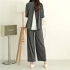 Set: Contrast-trim A-line Top + Band-waist Wide-leg Pants