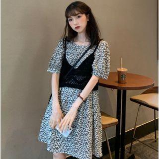 Elbow-sleeve Floral Print Mini A-line Dress / Vest
