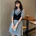 Elbow-sleeve Floral Print Mini A-line Dress / Vest