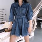 3/4-sleeve Buttoned Denim Wide-leg Playsuit As Shown In Figure - One Size