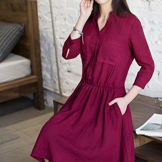 3/4-sleeve Buttoned A-line Dress