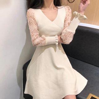 Long-sleeve Lace Panel Mini A-line Knit Dress
