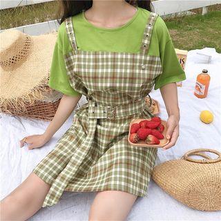 Mock Two-piece Short-sleeve Mini Plaid Dress Green - One Size