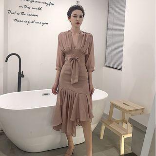 V-neck 3/4-sleeve Top / High Waist Midi Skirt
