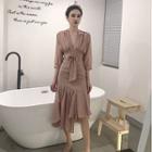 V-neck 3/4-sleeve Top / High Waist Midi Skirt