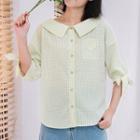 Elbow-sleeve Daisy Embroidered Check Shirt