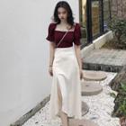 Puff-sleeve Square Neck Top / Slit A-line Midi Skirt