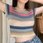 Short-sleeve Color Block Striped Knit Top Blue - One Size