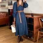 Lantern-sleeve Faux Leather Panel Denim Maxi Dress