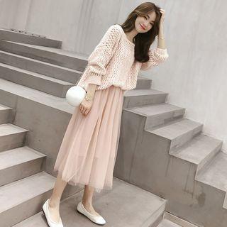 Set: Long-sleeve Knit Top + Mesh Midi A-line Skirt