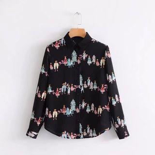 Single-breasted Long-sleeved Cartoon Print Blouse
