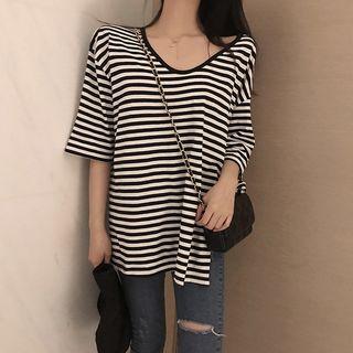 Striped Side-slit Elbow Sleeve T-shirt Stripes - Black & White - One Size