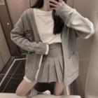 Cable-knit Cardigan / Long-sleeve Plain T-shirt / Mini Pleated Skirt