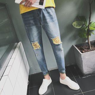 Color Block Distressed Washed Jeans