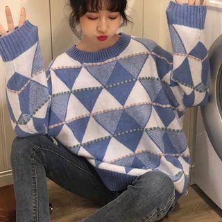 Color-block Argyle Long-sleeve Knit Top