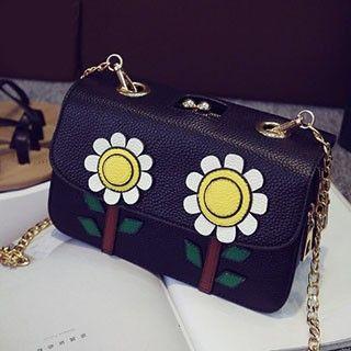 Flower Applique Chain Strap Shoulder Bag