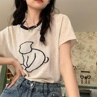 Short-sleeve Contrast Trim Knit Top Oatmeal - One Size