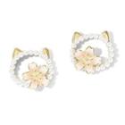 Cat Sakura Faux Pearl Alloy Earring 1 Pair - Flower & Cat Ears - White & Pink - One Size