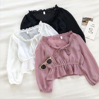 Plain Off-shoulder Lace-up Ruffled-trim Long-sleeve Top