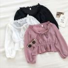 Plain Off-shoulder Lace-up Ruffled-trim Long-sleeve Top
