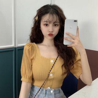 Knit Panel Puff-sleeve Blouse