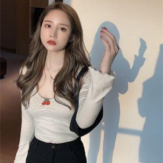 Long-sleeve Cherry-accent Frill Trim Top Milky White - One Size
