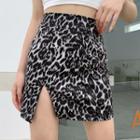High-waist Leopard Print Slit Mini Pencil Skirt