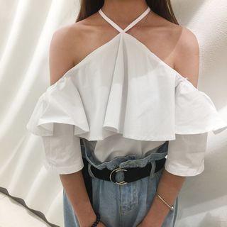 Plain Ruffle Trim Cut Out Shoulder Elbow Sleeve Top
