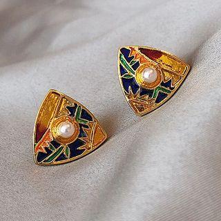 Faux Pearl Alloy Triangle Earring 1 Pair - Silver Stud - Gold - One Size