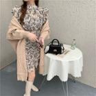 Long-sleeve Floral Print Mini Sheath Dress / Long Cardigan