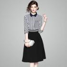 Set: Elbow-sleeve Striped Shirt + Plain A-line Skirt