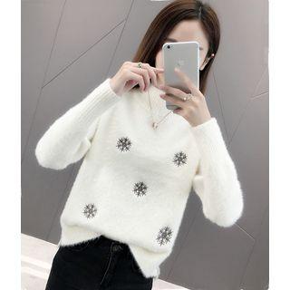Mock-neck Snowflake Embroidered Sweater