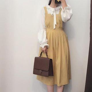 Plain Pleated Pinafore Dress/ Plain Frill Trim Shirt
