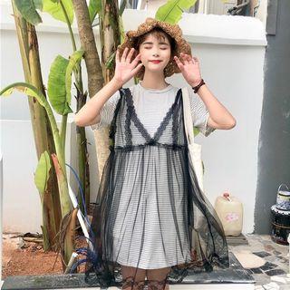 Set: Pinstriped Short Sleeve T-shirt Dress + Mesh Spaghetti Strap Dress