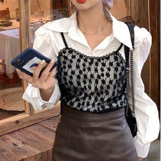 Long-sleeve Mock Two-piece Lace Panel Shirt Shirt - One Size