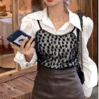 Long-sleeve Mock Two-piece Lace Panel Shirt Shirt - One Size