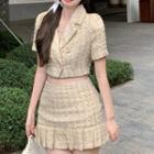 Short-sleeve Double-breasted Check Crop Top / Pleated Mini A-line Skirt