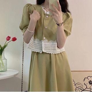 Set: Short-sleeve Lace Panel Button-up Blouse + A-line Midi Skirt