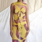 Sleeveless Printed Midi Sheath Mesh Dress