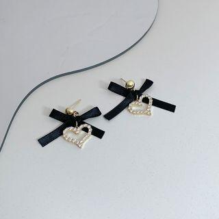 Heart Rhinestone Alloy Dangle Earring 1 Pair - Black Ribbon - Gold - One Size